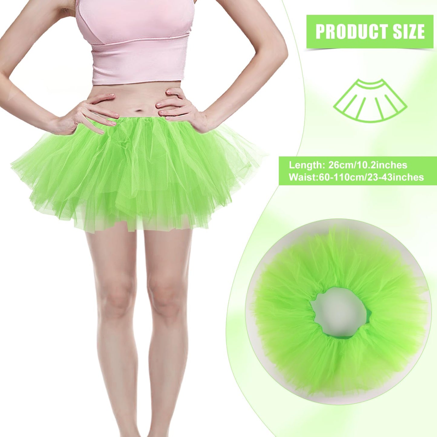 2pcs Tutu Skirts, 5 Layered Tulle Tutu Skirt Elastic Mini Tutu Skirt Layered Ballet Mesh Skirt Tutu Costume Tutu Dress for Women Dace Show Halloween Dress Up Party (Light Green)