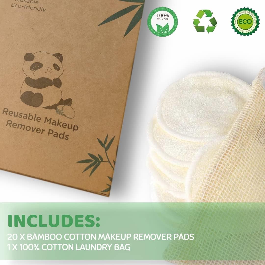 Skiennix 20-Piece Reusable Makeup Remover Pads - Eco-Friendly Bamboo Cotton Rounds with Laundry Bag
