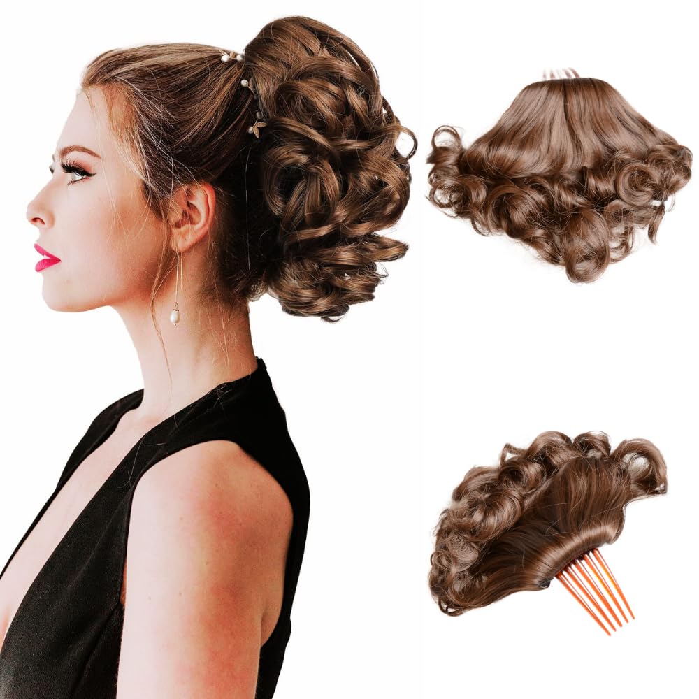 Bun Hairpiece Fully Short Comb Clip Drawstring Ponytail Bun with Comb Clip Synthtic Chignon Updo Hair Bun for Women Daily Party Use (Brown)