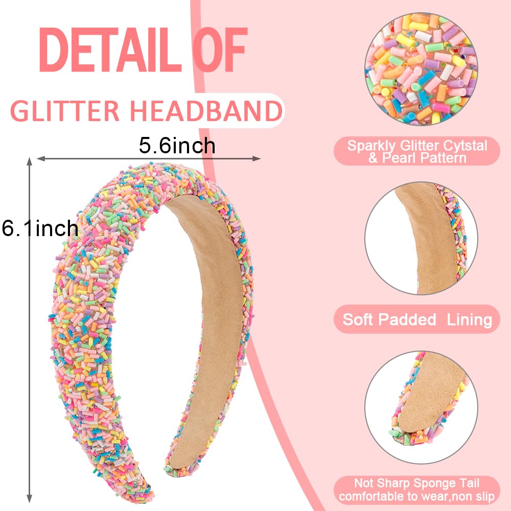 AHONEY 2 Pack Candy Headbands Girls Donut Headband Thick Padded Headband for Women Girls, Cute Headbands Sprinkles Wide Head Band Non Slip Glitter Birthday Hair Accessories for Girls (Pink&Hot pink)