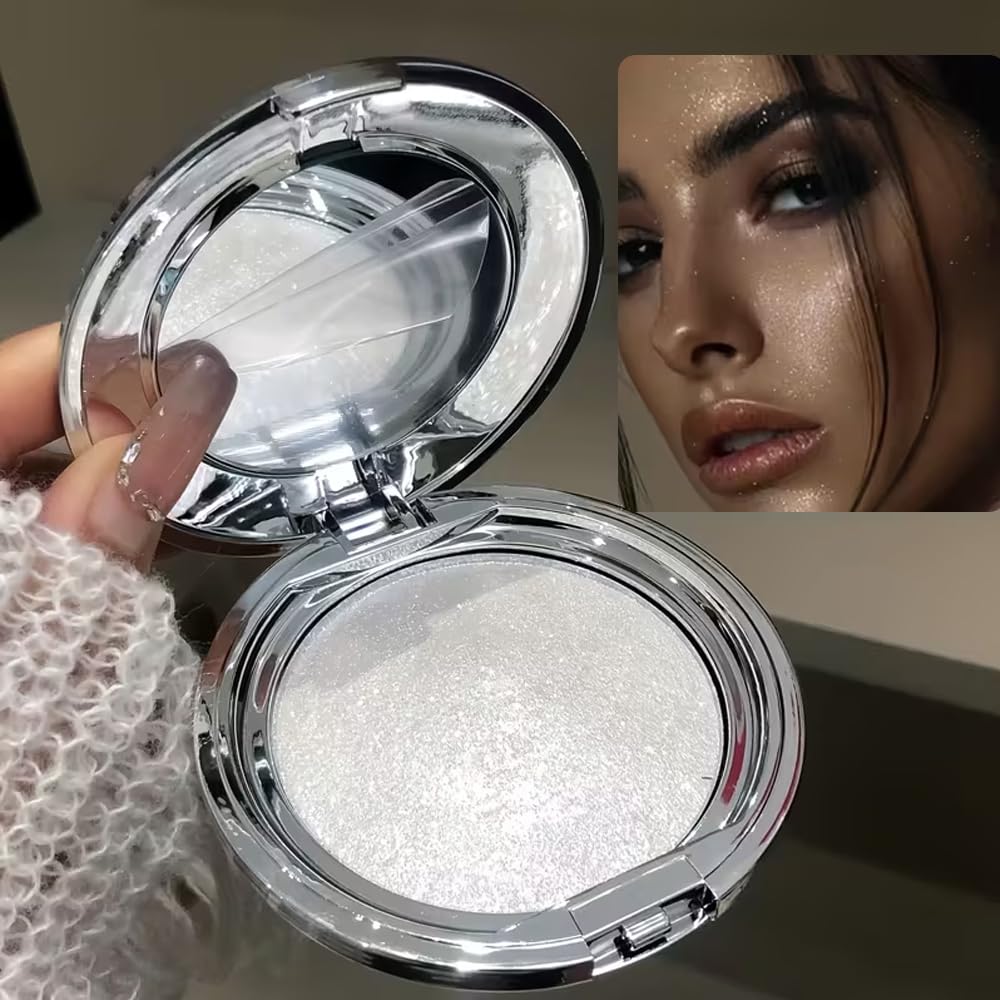 White Moonlight Highlighter - Waterproof Diamond Glow Shimmer for Face & Body | Icy Metallic Finish, Long-Lasting Radiance
