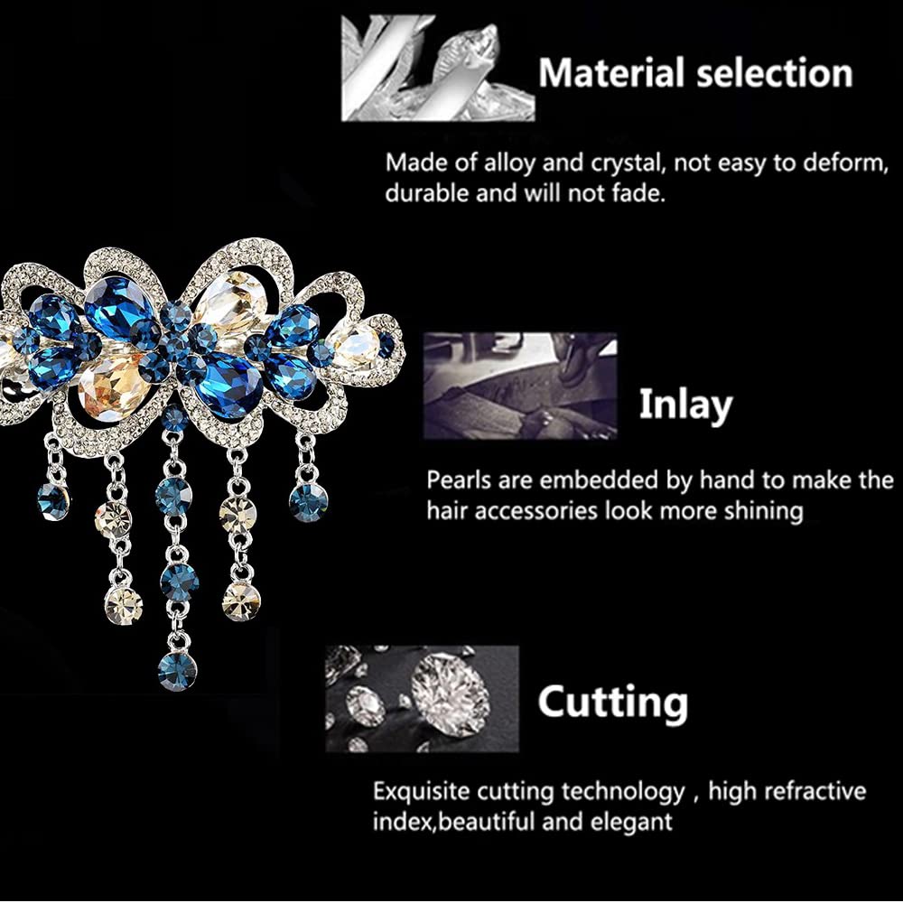 E EMZHOLE Large Elegant Hair Barrettes for Women Girls Spring Clip Flower Tassel Design Sparkly Glitter Rhinestone Hairpin Crystal Hair Clip Hair Accessories (Deep Blue/Champagne)