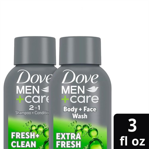 Dove Men+Care Travel Essentials Bundle - Extra Fresh Body & Face Wash & Fresh + Clean 2-in-1 Shampoo, 3 Oz Each