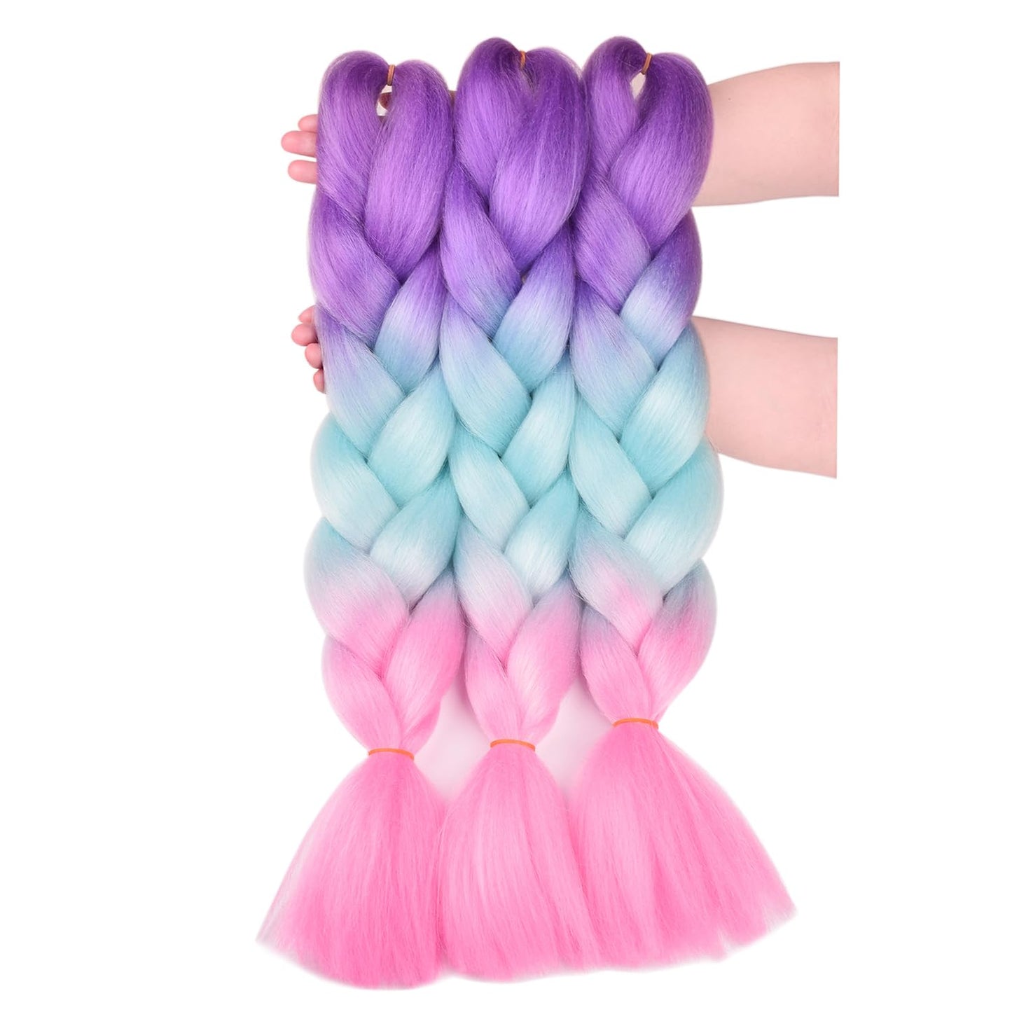 BACANA Pink Ombre Braiding Hair Kanekalon Purple Blue Pink Mermaid Color 3Packs Jumbo Braiding Hair Supplies Synthetic Hair for Braiding 3Tone Ombre Real Soft Healthy (Purple/Maldives Blue/Pink)