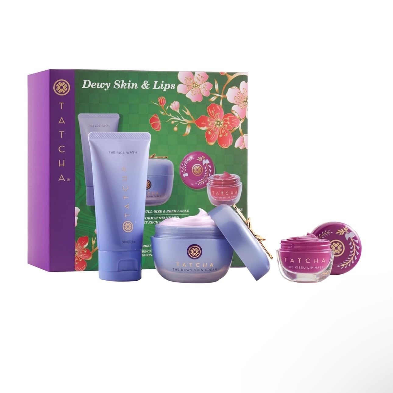 Tatcha Dewy Skin & Lips Hydrating Ritual Set - Travel Rice Wash & Full Size Cream | Wisteria Lip Mask