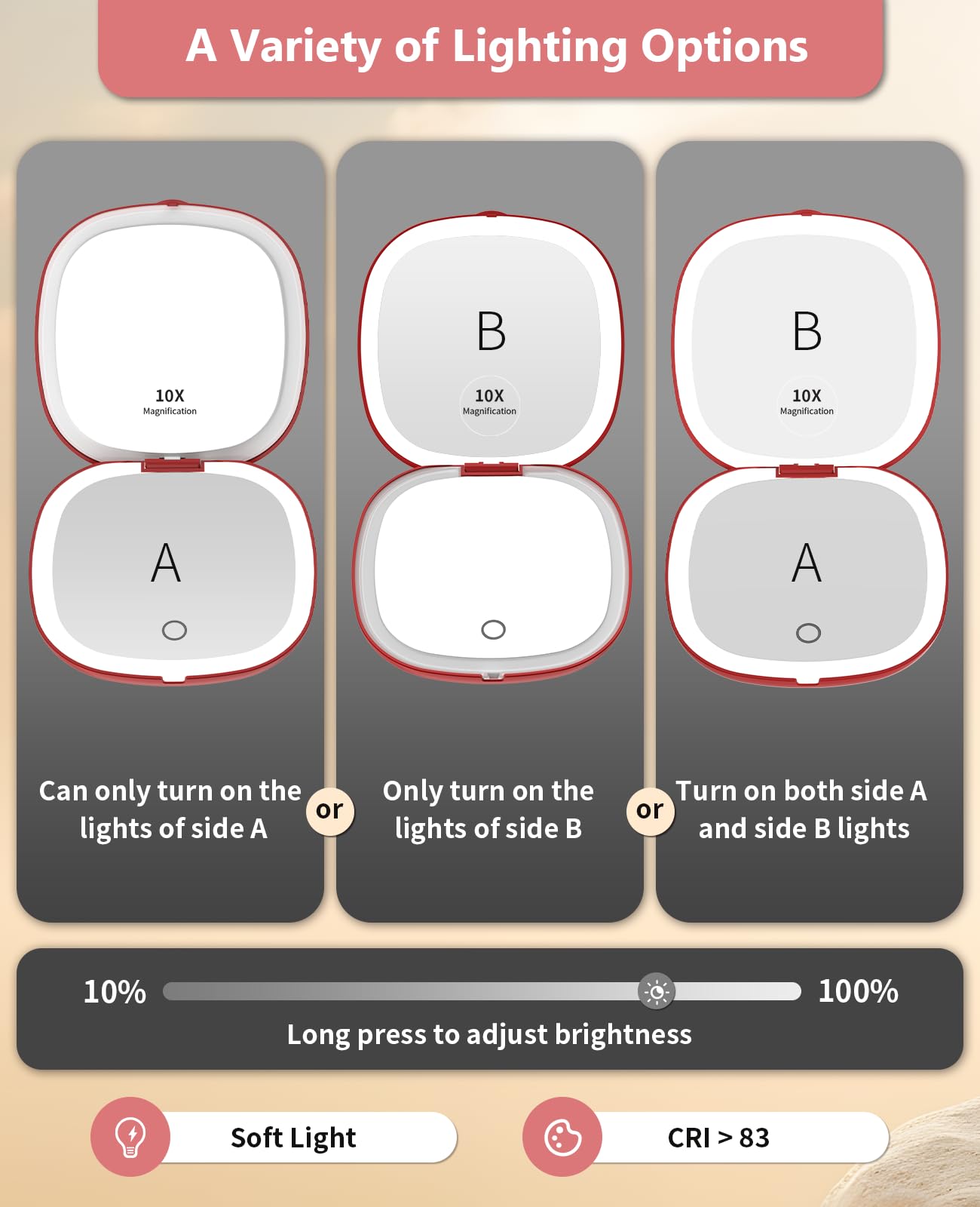 wobsion Travel Mirror with Light, Rechargeable 1x/10x Compact Magnifying Mirror, Dimmable Pocket Mirror,Handheld 2-Side Mirror with Light,4inch Travel Size,Portable for Handbag,Purse,Gift,Red