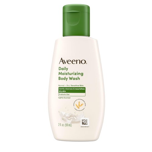 Aveeno Daily Moisturizing Body Wash for Dry & Sensitive Skin + Prebiotic Oat, Shower Body Wash Gently Cleanses & Nourishes Dry Skin, Lightly Scented, Travel-Sized, 2 fl. oz
