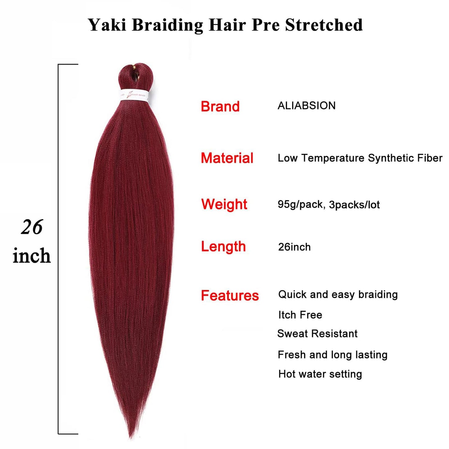Burgundy Braiding Hair Pre Stretched 26 inch 3 packs Knotless EZ Braiding Hair Extensions Wine Red Synthetic Crochet Braid Hair Hot Water Setting Soft Yaki Texture (900#)