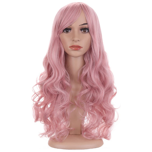 BERON Pink Wig Long Wavy Wig Lovely Pink Wig with Bangs for Women Candy Pink Wig Long Curly Wig Pink Synthetic Wig with Wig Cap