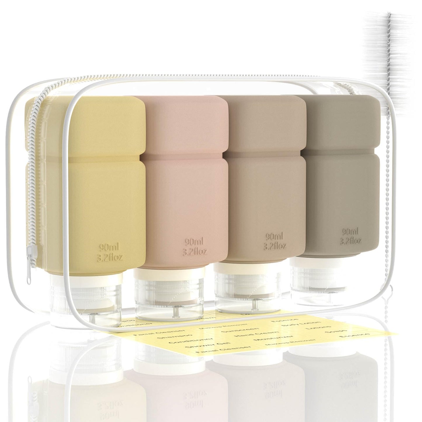 Travel Bottles for Toiletries, TSA Approved Travel Size Containers for Shampoo Conditioner Lotion Body Wash, BPA Free Travel Toiletry Bottles With Clear Toiletry Bag, Cleaning Brush Label (4 Pack)