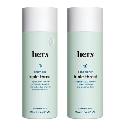 Hers Triple Threat Shampoo & Conditioner Set - Biotin & Pumpkin Seed Oil Formula - Thickens & Hydrates - Color-Safe, Vegan - 6.4 Fl Oz, 2 Count