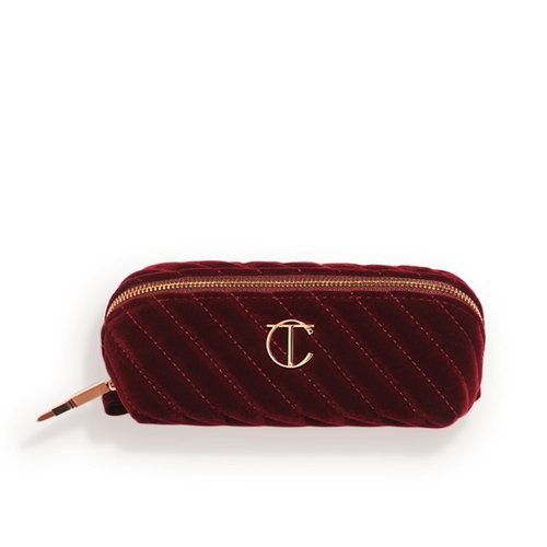 Charlotte Tilbury Travel Makeup Bag - Quilted Velvet Cosmetic Organizer with 5 Compartments & Zip Pocket | Iconic Night Crimson