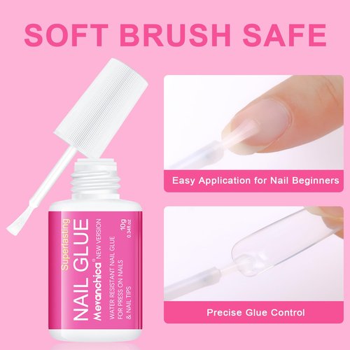 Mevanchica Super Strong Nail Glue, Nail Tips & Acrylic Fingernails Brush Tip Applicator for Press On Nails, Extra Strong Long Lasting for False Nails