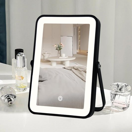 YEKKOPT Rechargeable Makeup Vanity Mirror with Lights, Small Desk Makeup Mirror with Lights, 3 Lighting Modes, Dimmable Touch Screen, Tabletop Light up Mirror