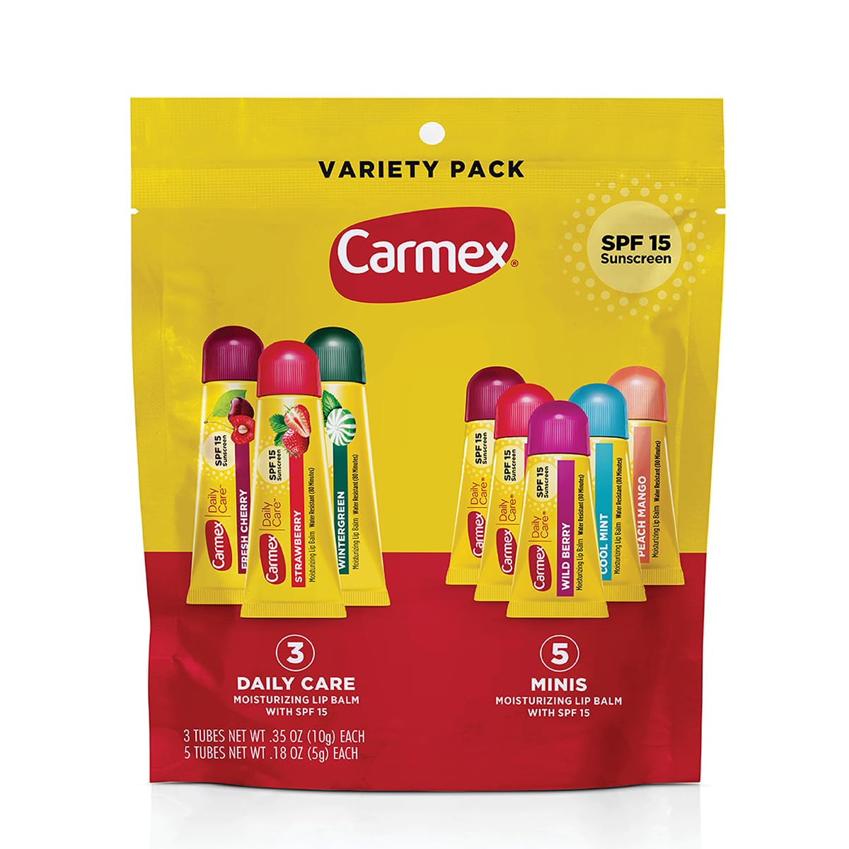 Carmex Moisturizing Lip Balm Pack - SPF 15 Multi-Flavor Variety | 8 Count (3 Tubes & 5 Mini Tubes)