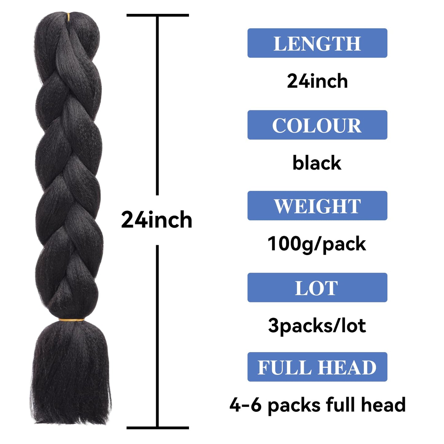 HAIRCUBE Black Braiding Hair 24 Inch 3 Packs Pre Stretched Box Braids Colorful Twist Braiding Hair Extensions Synthetic Crochet Braiding (Black)