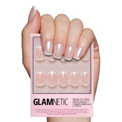 Glamnetic Press On Nails - La Perle | Salon Quality Semi-Transparent Squoval French Tips | 30 Nail Kit with Glue, 15 Sizes