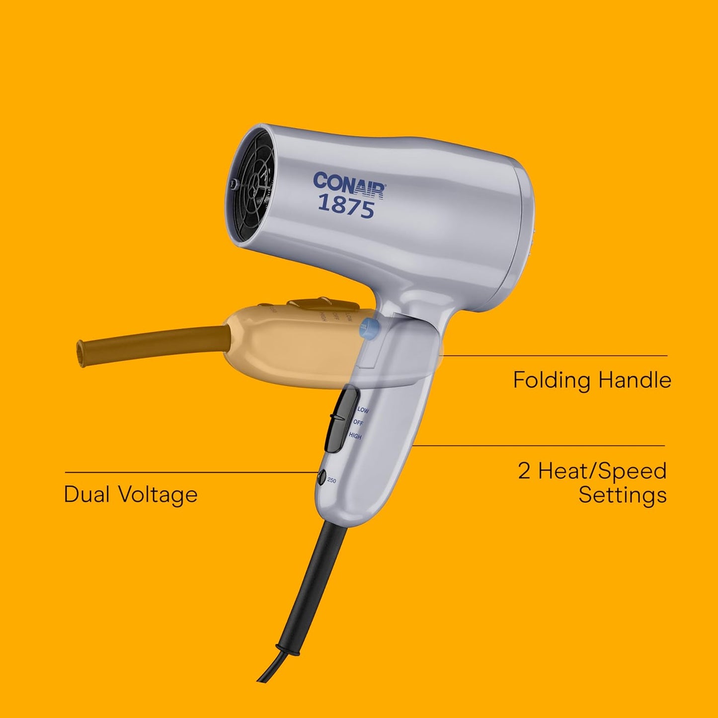 Conair Compact Hair Dryer - Lightweight 1875W Travel Blow Dryer with Dual Voltage | Grey