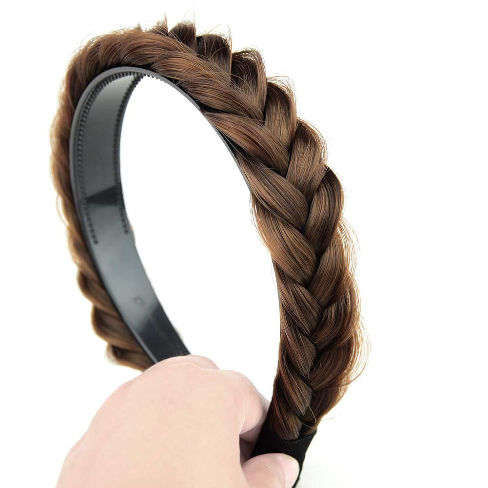 DIGUAN Headband Synthetic Hair Plaited Headband Braid Braided With Teeth Hair Band Accessories for Women Girl Width 1 Inch (W-Dark Brown)