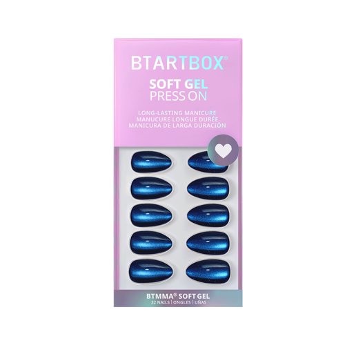 BTArtbox Press On Nails Almond - Forstbite Spell, Deep Blue Cat Eye Short Press On Nails with Glue for Women, Glossy Soft Gel Glue On Nails in 16 Sizes - 32 Stick On Nails Kit
