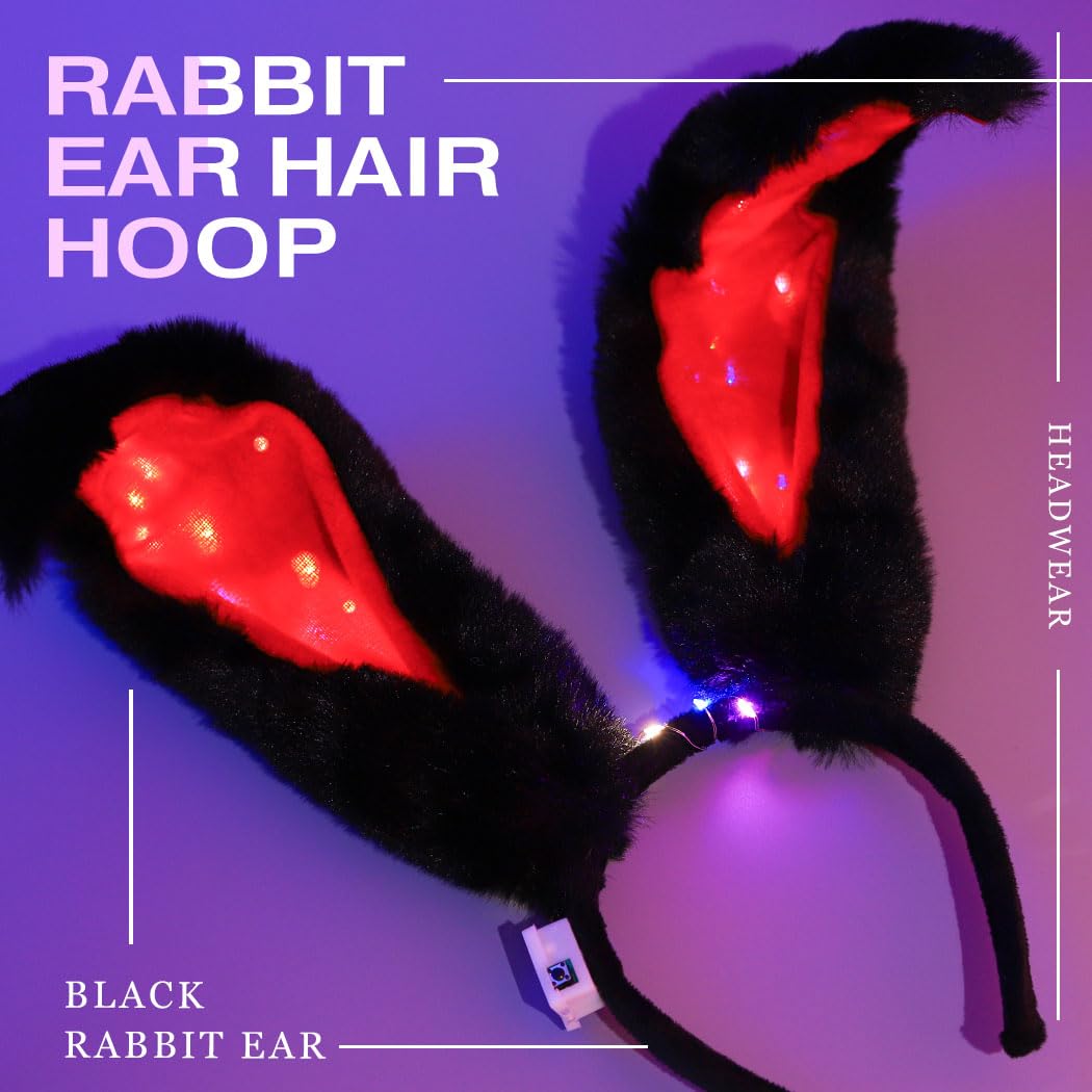 Uranian Light Up Bunny Ears Headbands Black Rabbit Ears Hair Band Led Bunny Headband Flashing Furry Ears Headwear Cosplay Party Costume Hair Accessories for Women and Girls