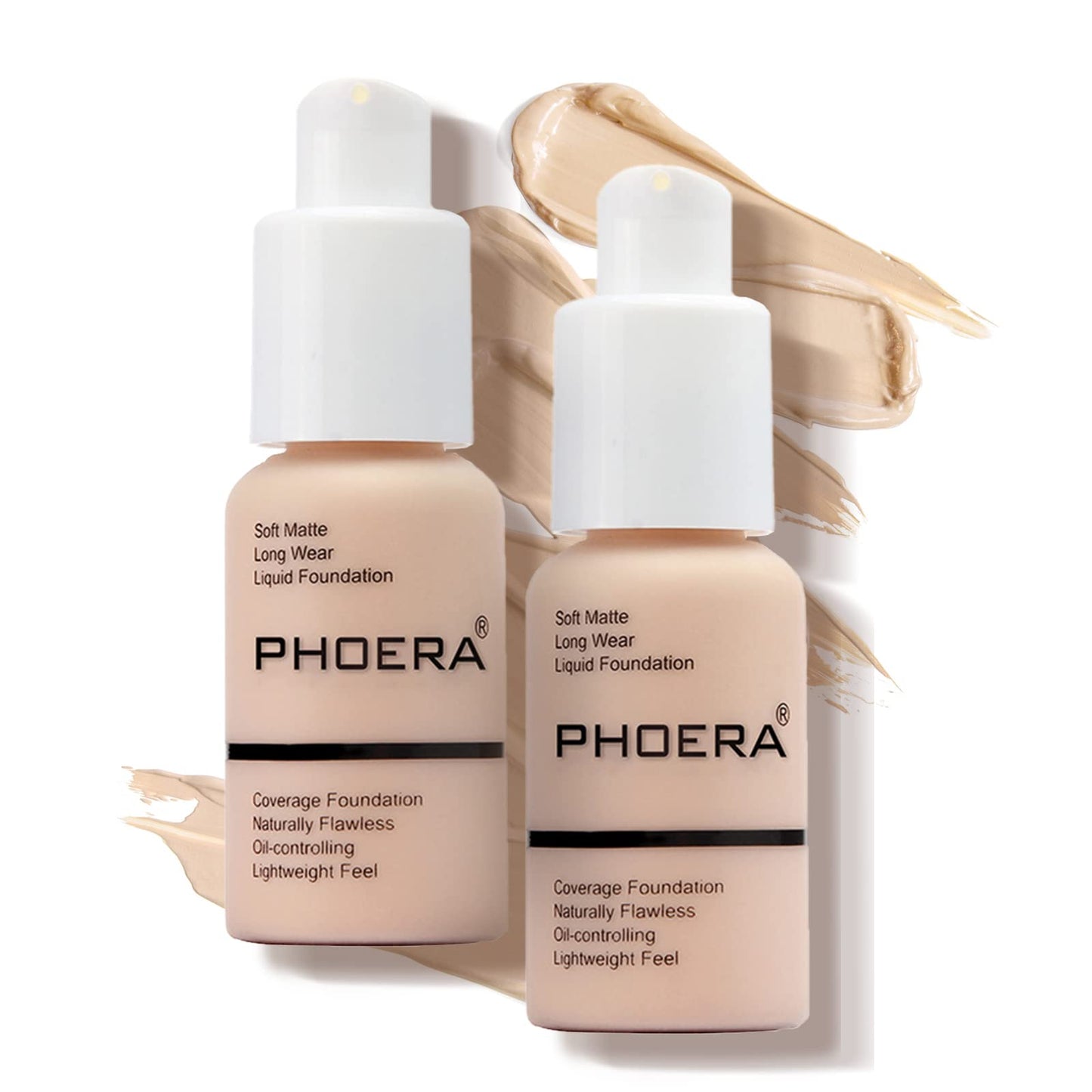 PHOERA Foundation Makeup Naturally Liquid Foundation Full Coverage Mattle Oil-Control Concealer 8 Colors Optional,Great Choice For Gift (#101 Porcelain(2pcs))