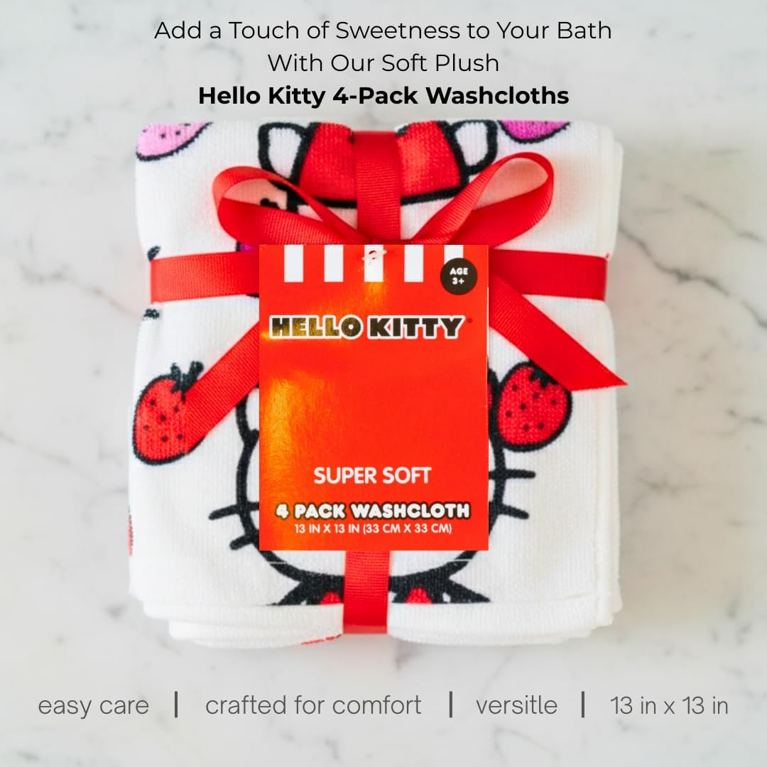 Franco Hello Kitty Washcloths - 100% Cotton Super Soft Face Cloths for Makeup Removal | Cute Strawberry Design - 13” x 13”