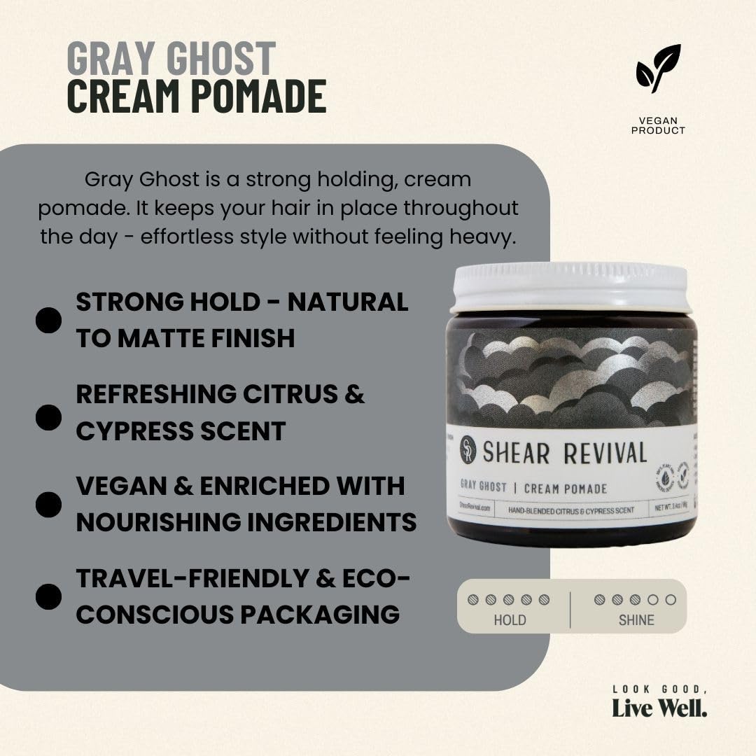 Shear Revival Gray Ghost Cream Pomade - Vegan Hair Styling Cream for All Hair Types, Strong Hold, 3.4oz | Natural Matte Finish, Citrus & Cypress Scent