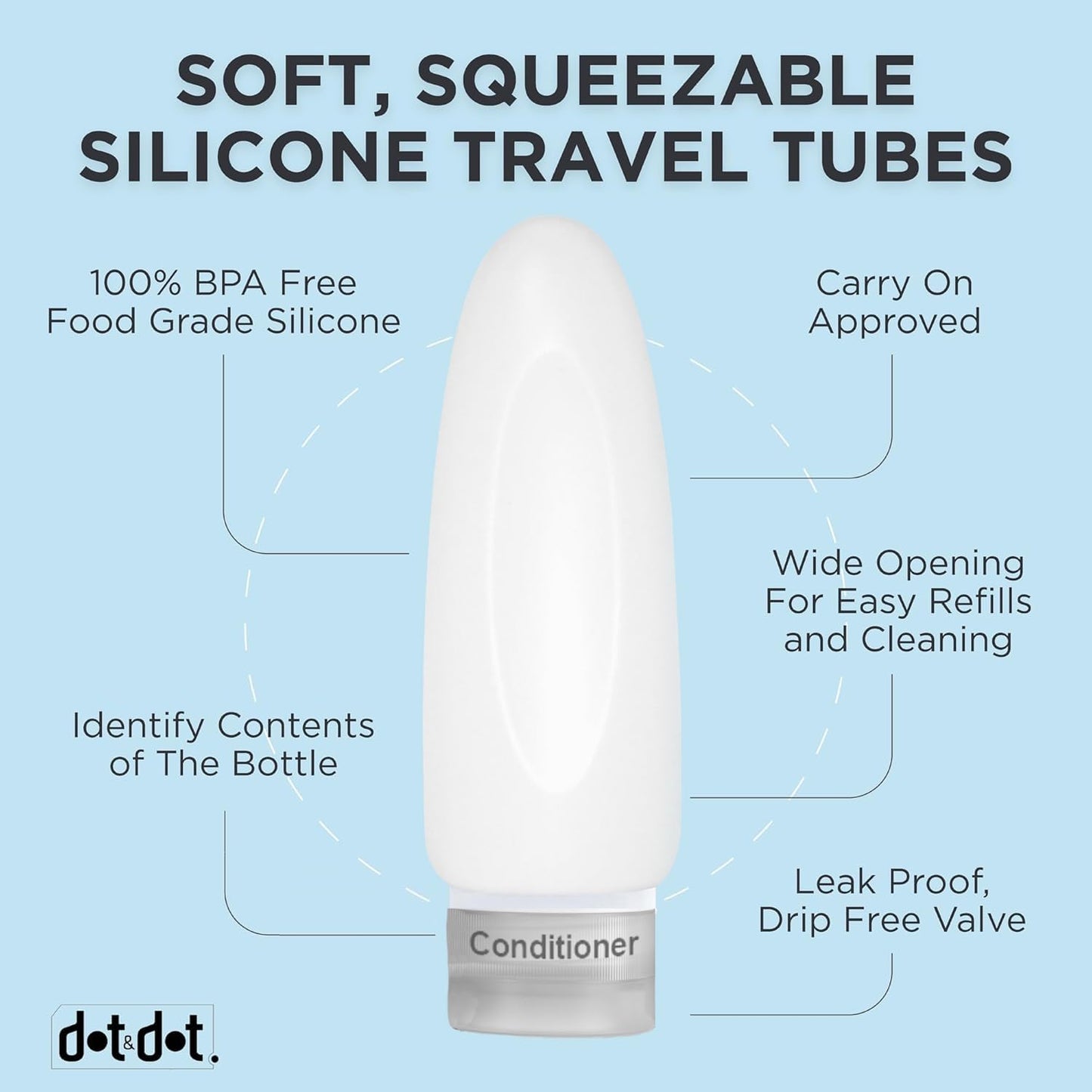 Dot&Dot Leak Proof Travel Bottles for Toiletries - TSA Approved Travel Shampoo Bottles - 3oz Travel Shampoo and Conditioner Bottles - Travel Size Toiletries - 3 oz Silicone Travel Bottles with Labels