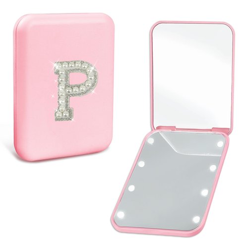 Aganmi Pearl Initial Travel Compact Mirror with Lights Personalized 1X/2X Magnification Mini LED Makeup Mirror for Purse, Pink 2-Sided Portable Pocket Mirror Trendy Gifts for Women Teen Girl (P)