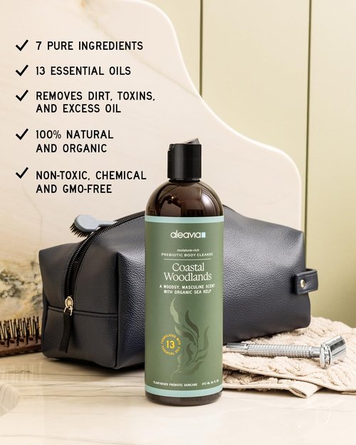 Aleavia Men's Body Cleanse - Organic Prebiotic Body Wash with Woodsy Scent & 13 Essential Oils | 16 Oz.