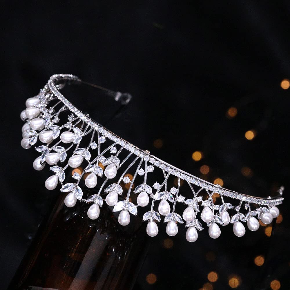 Aoligrace Luxury Cubic Zirconia Pearls Wedding Tiaras and Crowns for Women Fairy Bridal Headwear Birthday Party Hair Jewelry