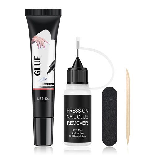 FREEORR Semi-Solid Glue and Remover Kit with Stick for Press ons, No U/V Light Needed Quick Dry Fake Nail Tips Glue and Non-Acetone Remover with Precision Tips (10ml+10g)