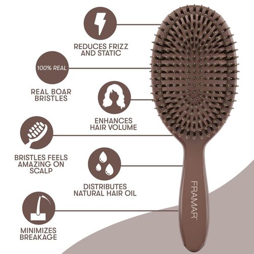 FRAMAR Soft Boar Bristle Hair Brush for Women - Enhances Volume & Shine | Chocolate Color