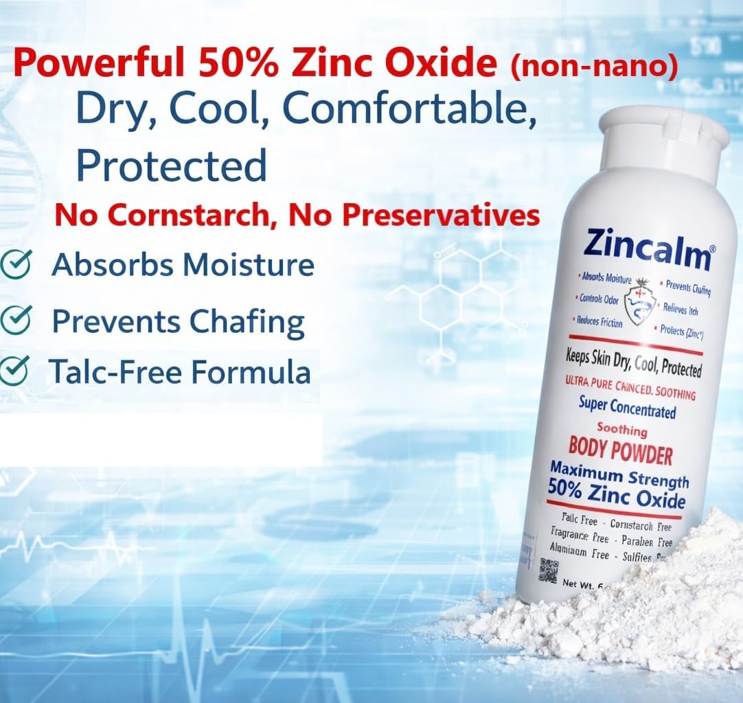 Zincalm All-Natural Body & Foot Powder - 50% Zinc Formula for Moisture & Odor Control | Anti-Chafing Relief