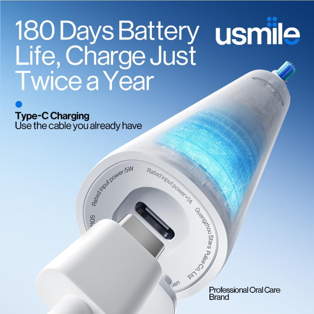 Usmile P10S Sonic Electric Toothbrush - Deep Clean & Whitening, 180-Day Battery Life, 3 Modes, 2 Brush Heads (White)