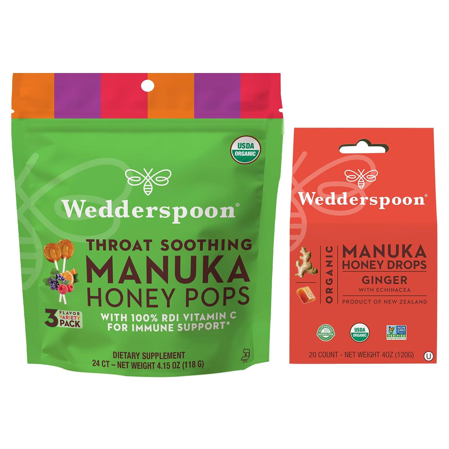 Wedderspoon Organic Manuka Honey Lollipops & Drops - Ginger & Echinacea, 44 Count Total | Natural Remedy for Dry Throats
