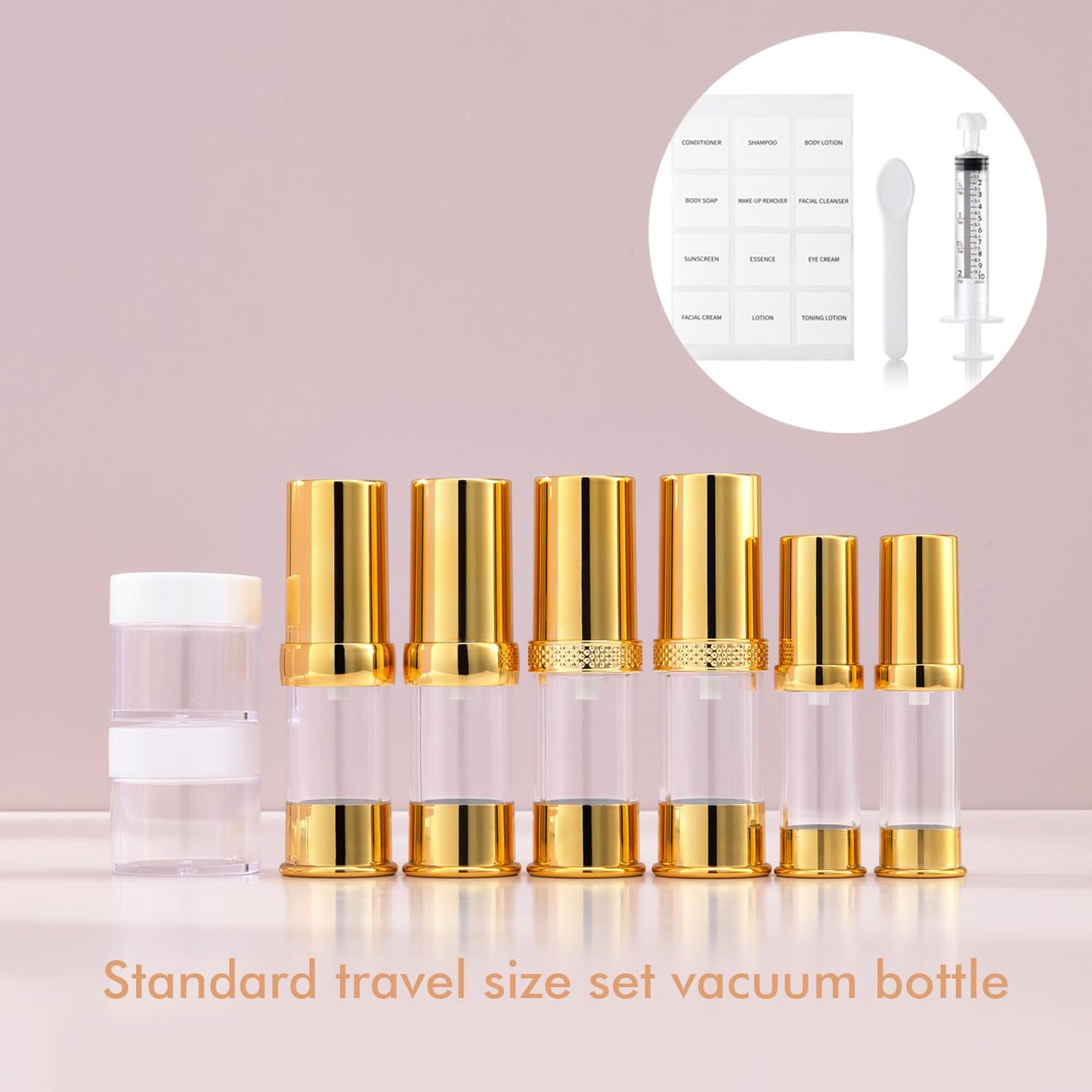 XQNCBY golden airless pump bottle with travel bag set with labels empty refillable cosmetic pump travel size containers hair oil, lotion and other liquids 5ml 10ml 15g(12 Packs)