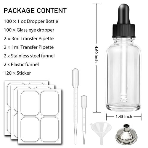 100 Pack, 1 oz Glass Dropper Bottle for Essential OIls, 30 ML Clear Empty Tincture Bottles with Dropper for Serum Hair Cuctile Body Oils Bulk for Storage
