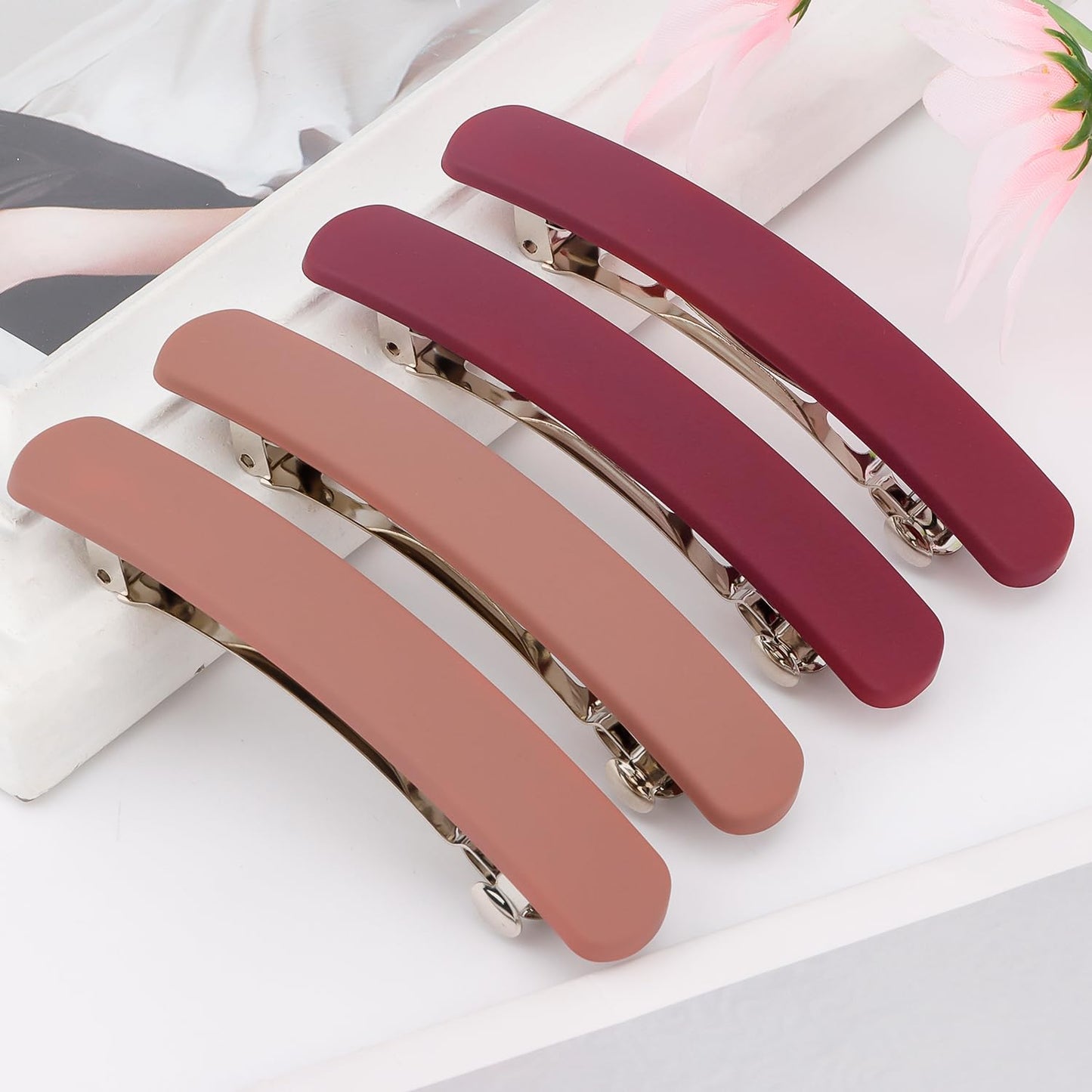 ATODEN Pink Barrettes for Thin Fine Hair - 4Pcs Matte Flat Hair Clips, Hair Pins & French Barrettes for Short & Medium Hair - Cute Hair Accessories for Women & Girls