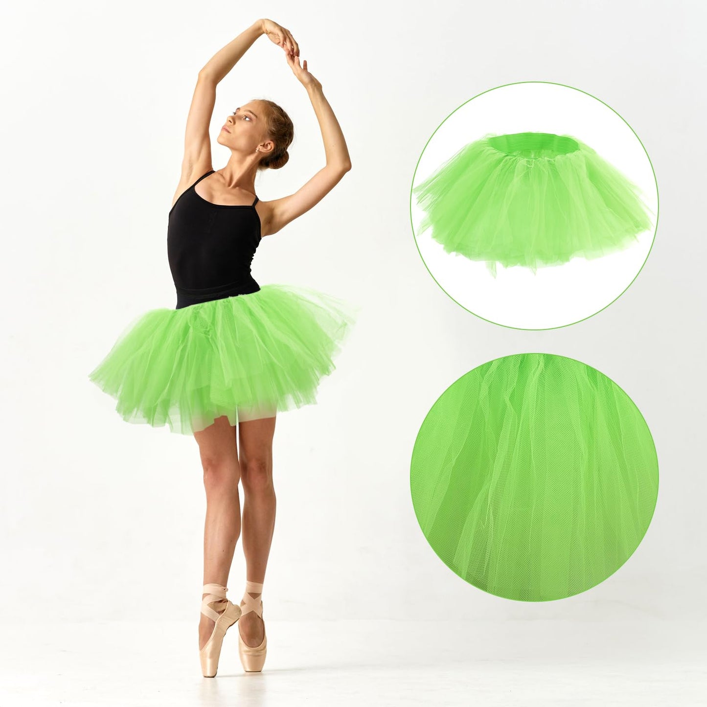 2pcs Tutu Skirts, 5 Layered Tulle Tutu Skirt Elastic Mini Tutu Skirt Layered Ballet Mesh Skirt Tutu Costume Tutu Dress for Women Dace Show Halloween Dress Up Party (Light Green)