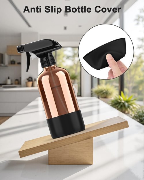 Bontip Amber Glass Spray Bottle - 16 oz Refillable with Silicone Sleeve for Cleaning & Aromatherapy (Black)