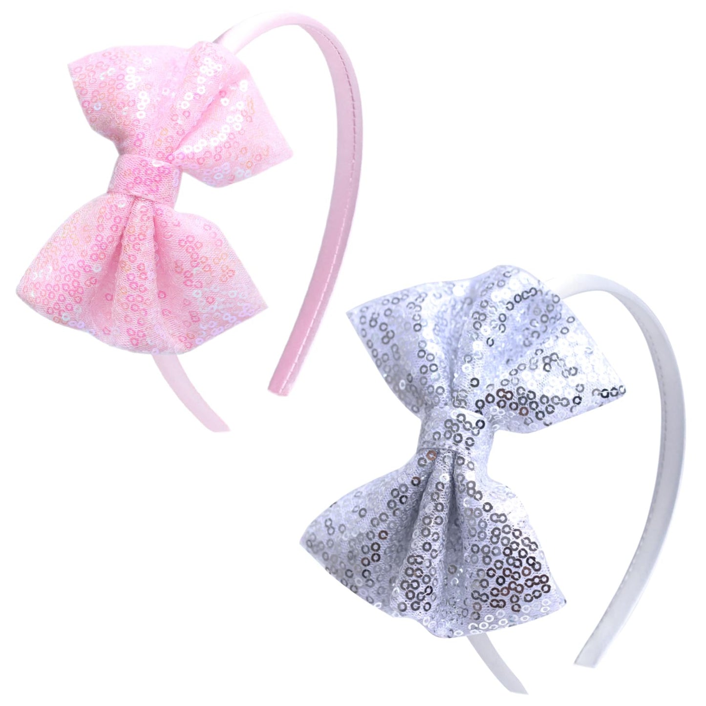 Kiszu Sparkly Sequin Hair Bow Headbands Fashion Glitter Cute Boutique Ribbon Bows for Girls, Kids, and Women (Sliver,Pink)