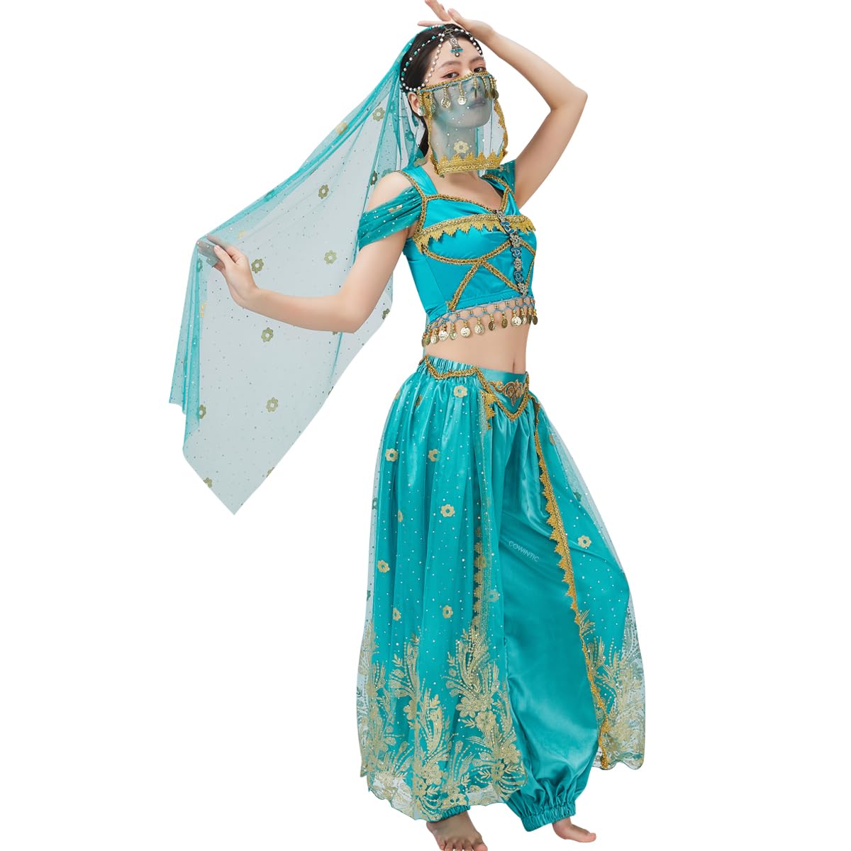 COWINTIC Belly Dance Princess Costume - Aladdin Jasmine Cosplay Outfits Halloween Party Teal Costumes for Women/Girls(Adult,XL)