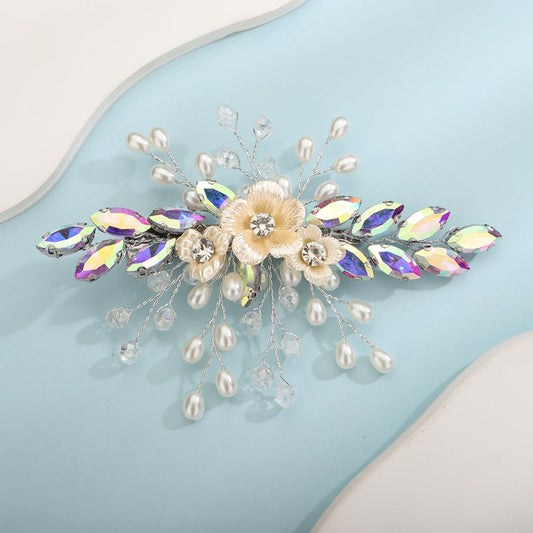 Xerling Colorful Rhinestones Iridescent Crystal Flower Hair Barrettes Clip Boho Bridal Pearl Hair Jewelry Accessories for Women Wedding Floral Headpieces (AB Colorful)