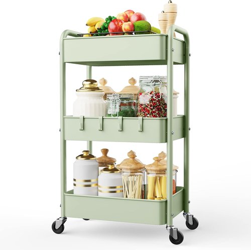 LEHOM 3-Tier Rolling Storage Cart - Metal Utility Trolley with Wheels & Hooks for Easy Organization | Ideal for Bathroom, Kitchen, Office, Bedroom