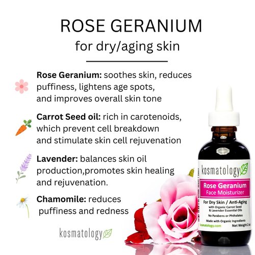 Kosmatology Rose Geranium Facial Moisturizer - Anti-Aging Hydration for Dry & Sensitive Skin | Vegan | 2 fl oz