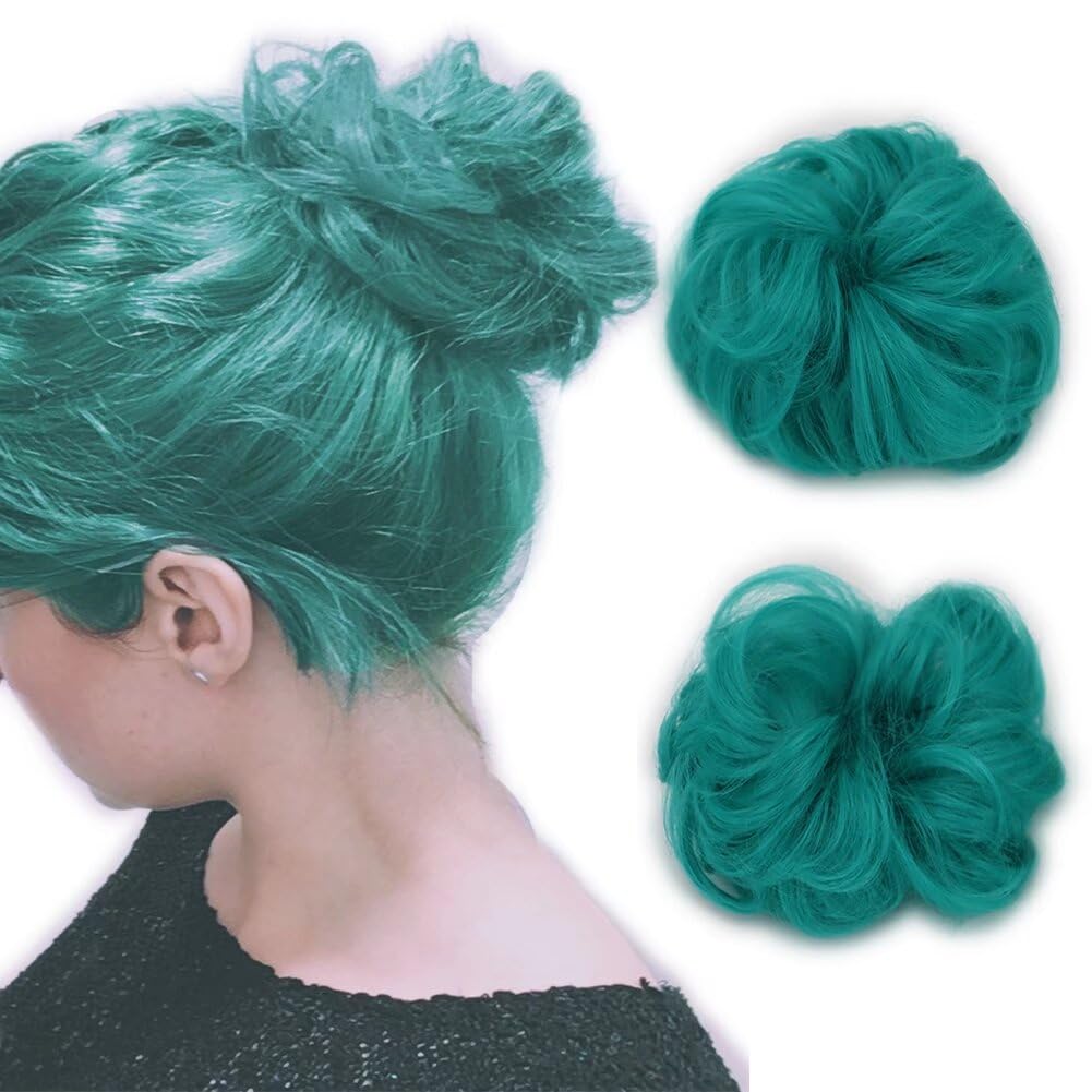 iLUU 2Pcs Green Hair Buns Synthetic Hair Extensions Wig Hairpiece Wavy Curly Thick Donut Chignons Extensions Messy Bun Extension Hairpieces Wig for Women #5126 (2pcs)