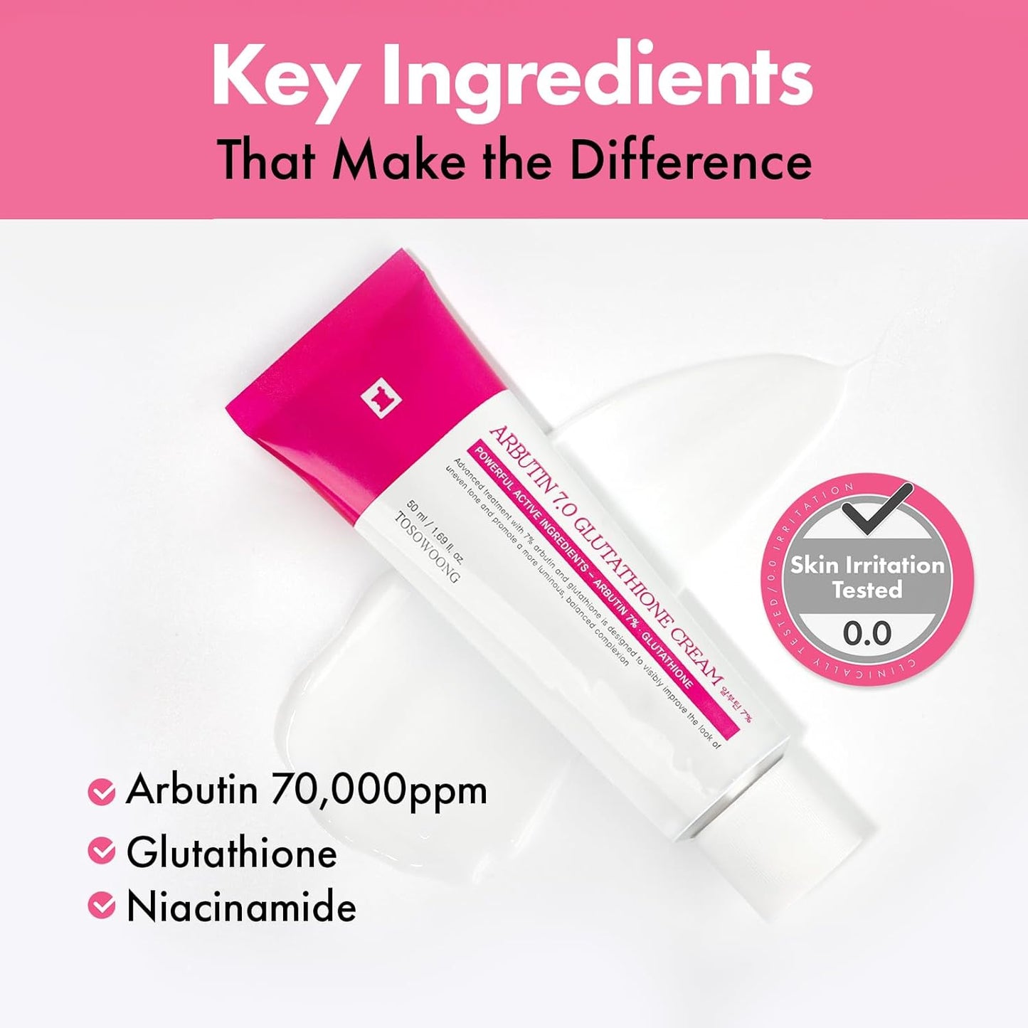TOSOWOONG Arbutin 7% Glutathione Cream - Brightening Formula for Dark Spots & Pigmentation | 50ml