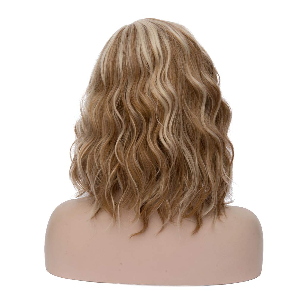 MAGQOO Blonde Brown Wig Side Part Short Curly Wavy Bob Wig Dirty Blonde Hair Wigs Brown Highlight Wig Synthetic Heat Resistant Cosplay Costume Party Wigs